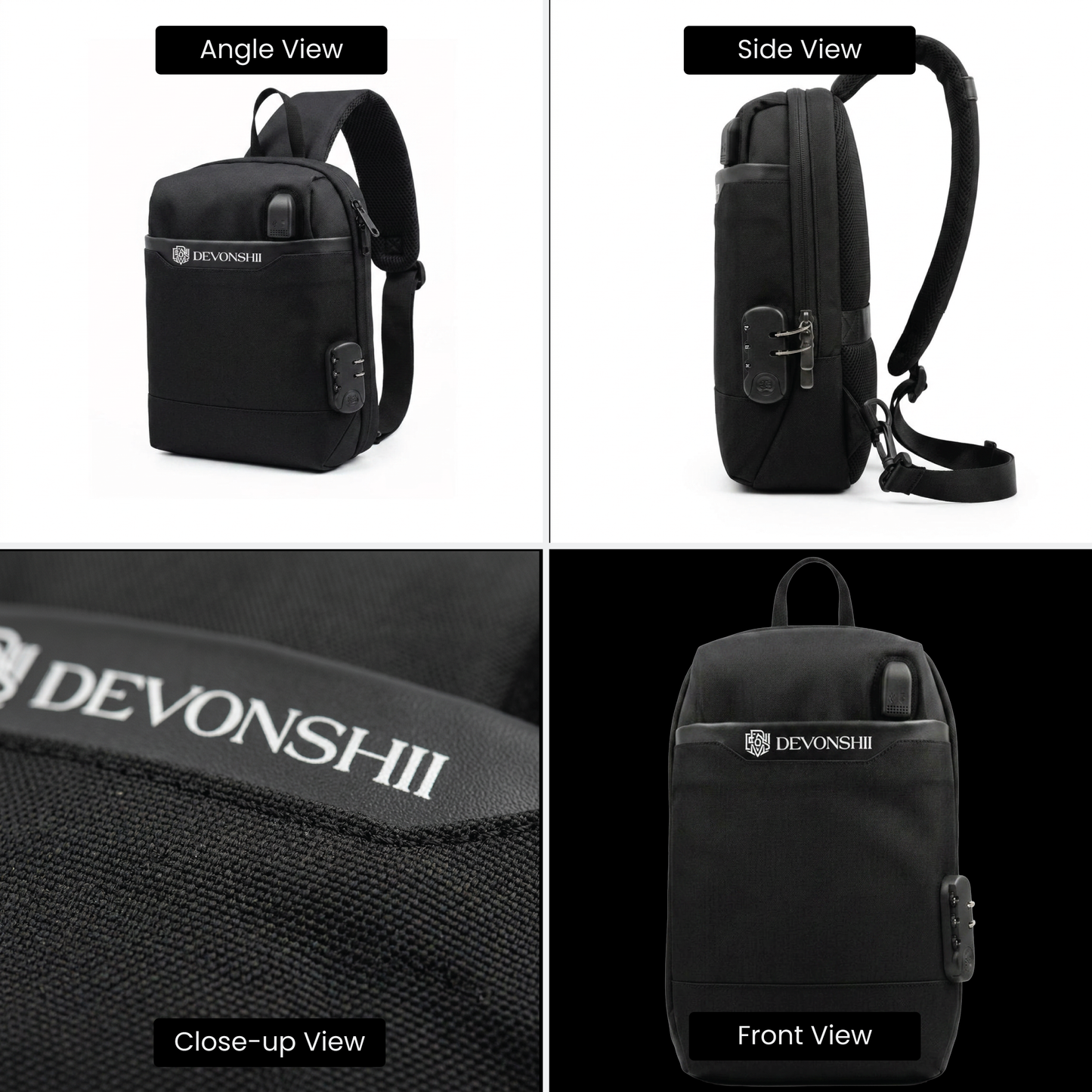 Devonshii Anti-Theft Sling Bag for Men & Women with USB Charging Port | Water-Resistant Crossbody Chest Bag | Fits iPad up to 12 Inch | Small Travel Office College Gym Everyday Carry Bag | Black