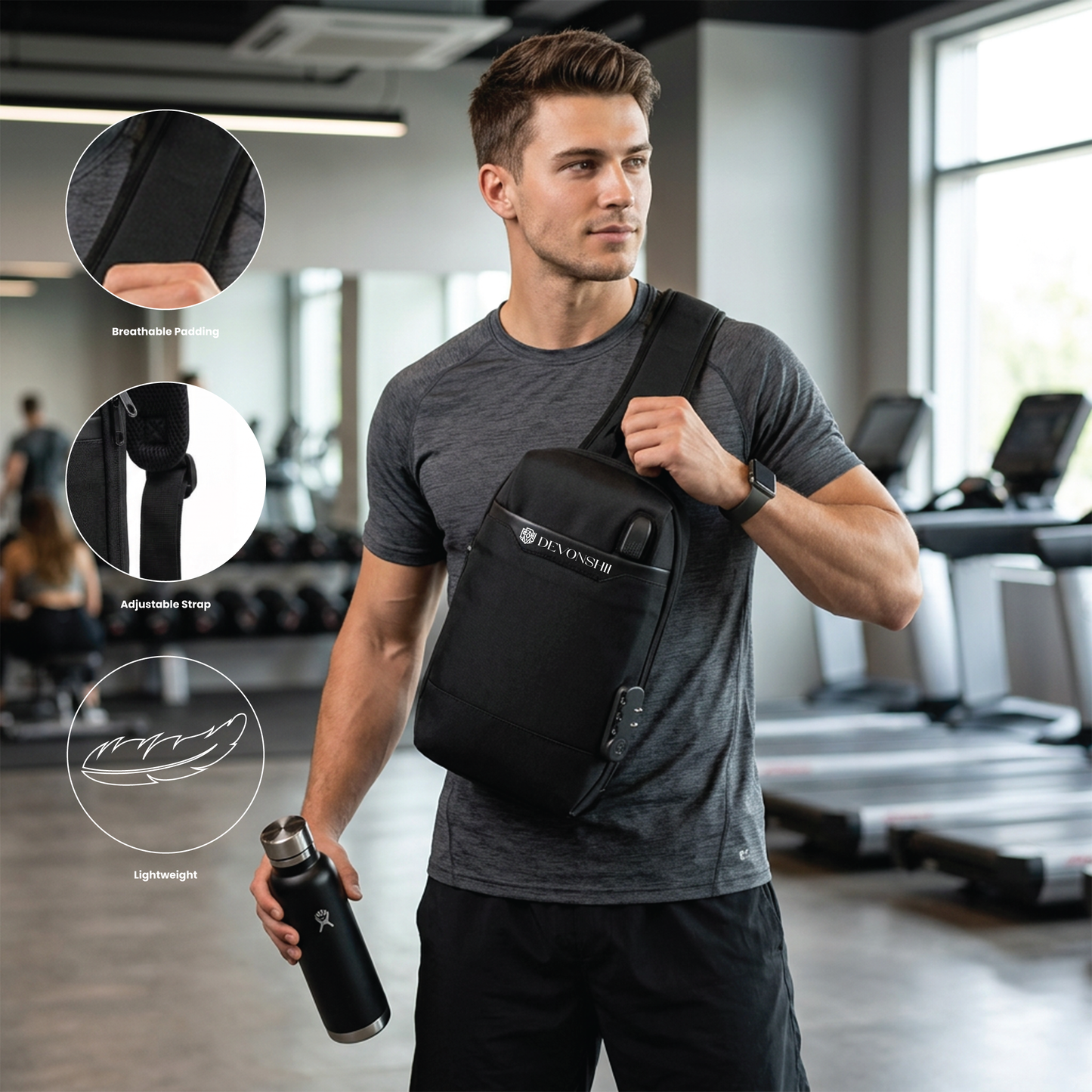 Devonshii Anti-Theft Sling Bag for Men & Women with USB Charging Port | Water-Resistant Crossbody Chest Bag | Fits iPad up to 12 Inch | Small Travel Office College Gym Everyday Carry Bag | Black